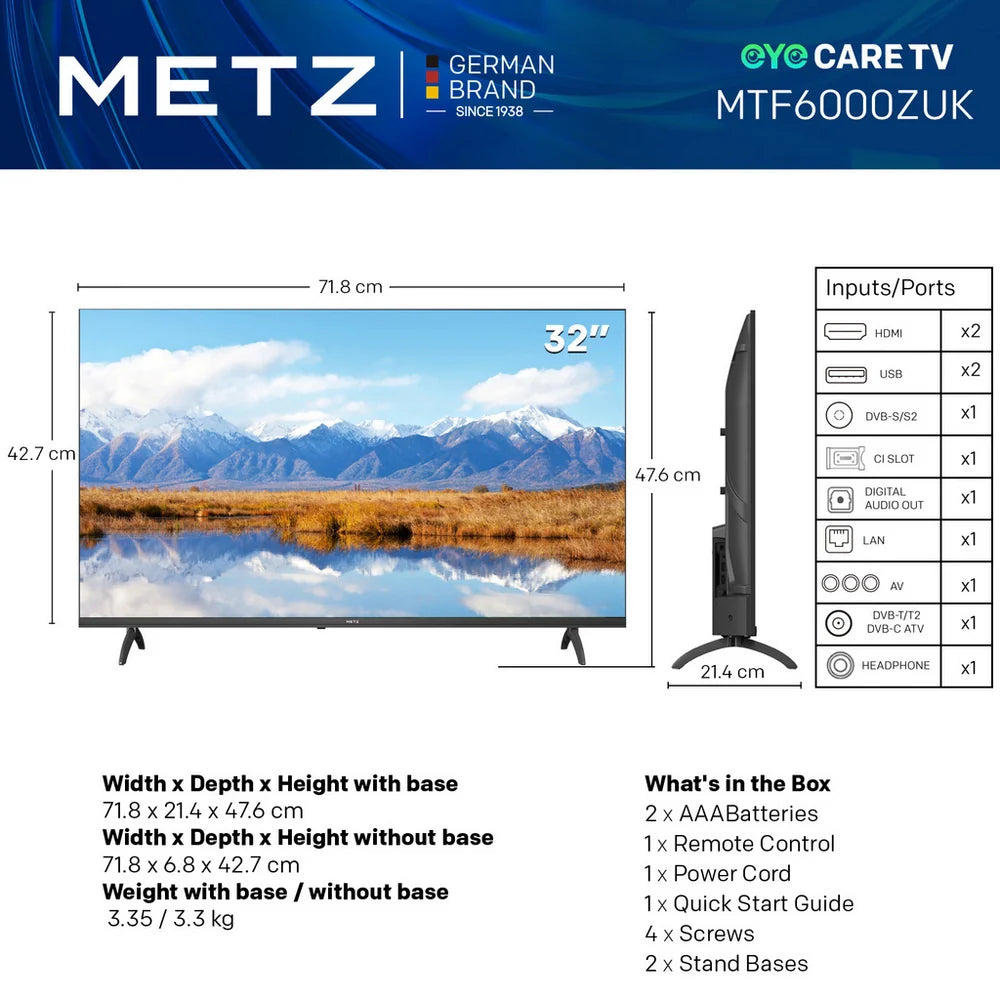 Metz 32MTF6000ZUK 32 Inch 2K DLED HD Smart TV with Freely 2025