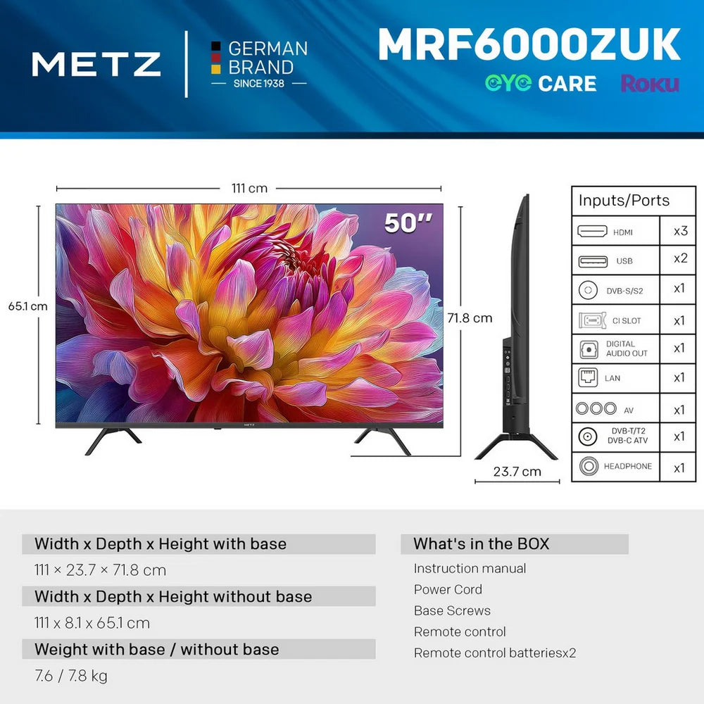 Metz 50MRF6000ZUK 50 Inch MRF6000Z 4K Ultra HD HDR DLED Smart TV with Freely 2025